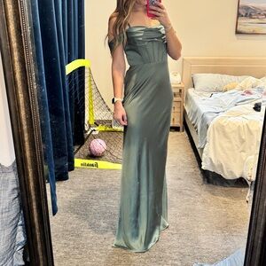 Revelry Sage Green Strapless Satin Maxi Gown